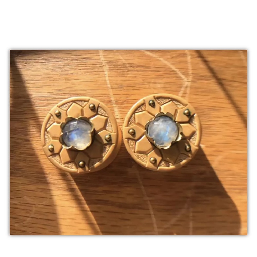 1” DF Wood BRASS and Moonstone inlay plugs RARE 25MM gauges HIGH FLASH OOAK